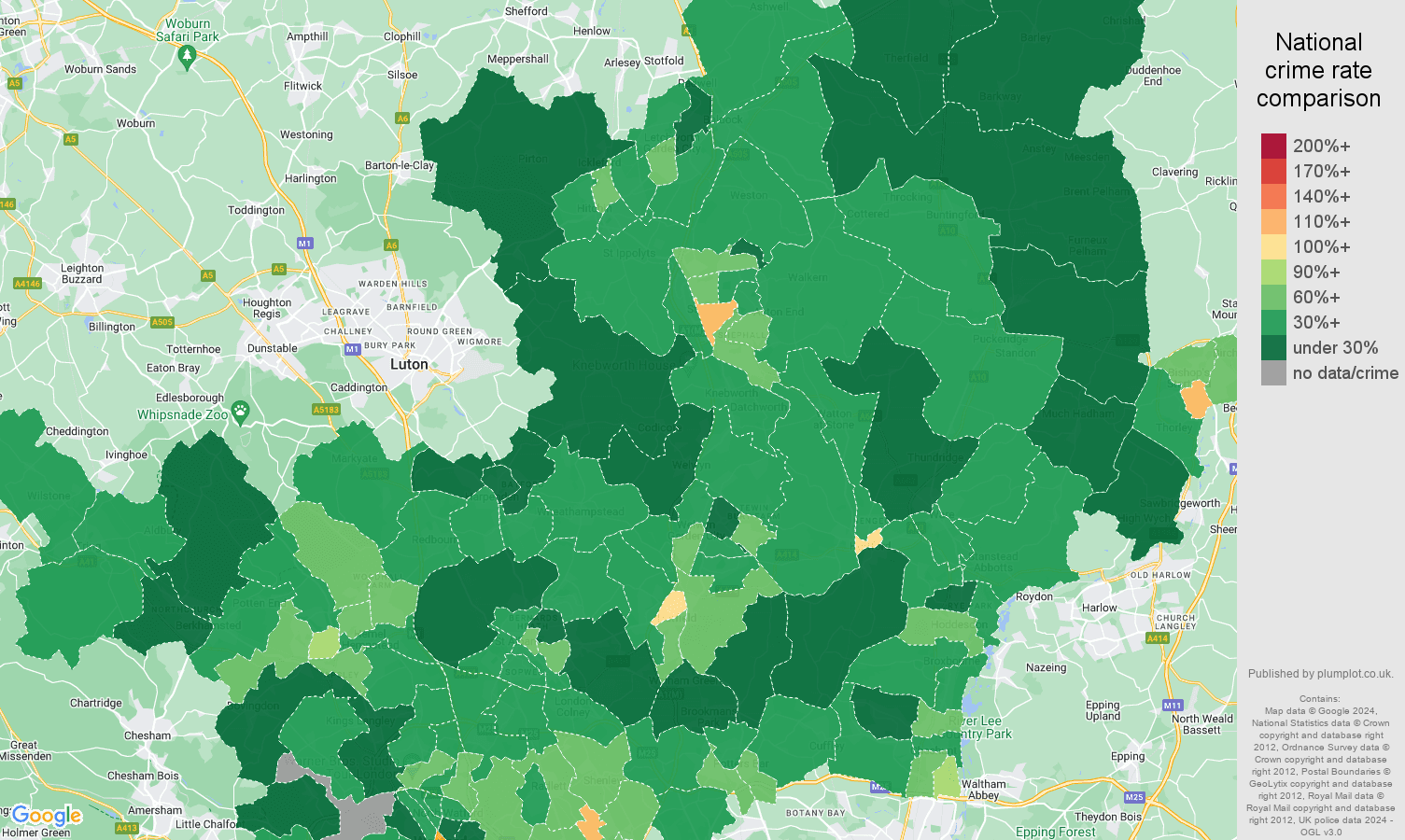 Hertfordshire public order crime rate comparison map