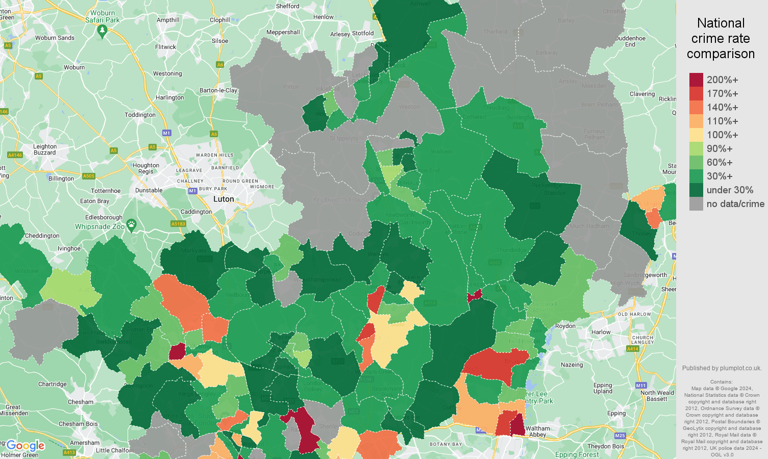 Hertfordshire robbery crime rate comparison map