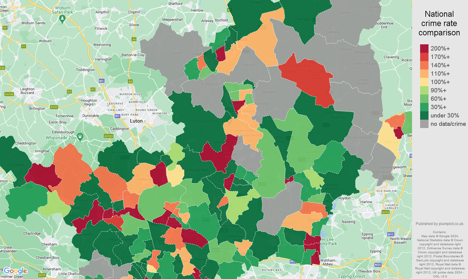 Hertfordshire shoplifting crime rate comparison map