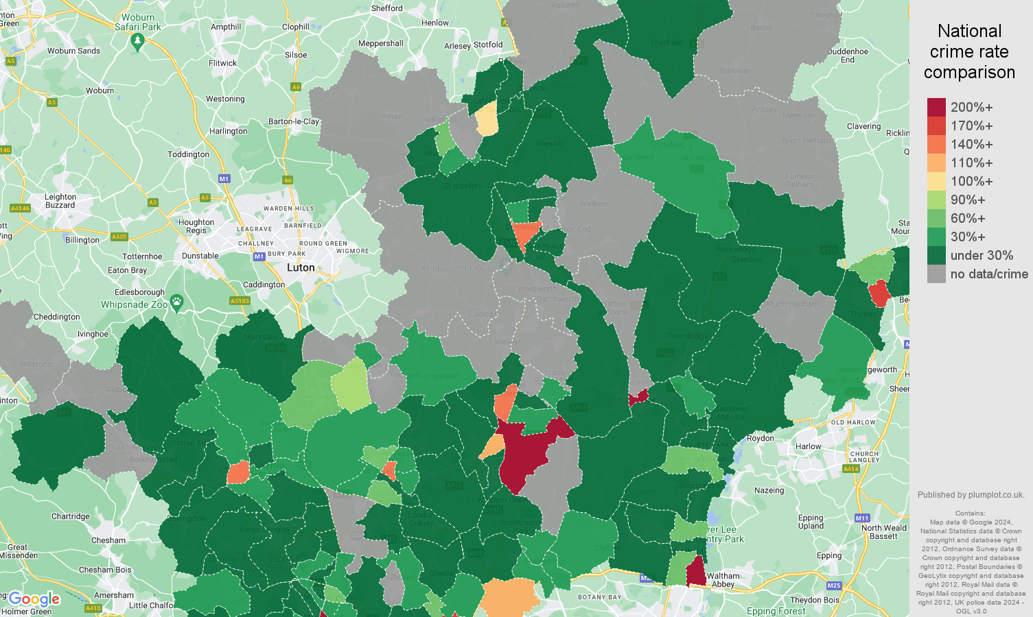 Hertfordshire theft from the person crime rate comparison map