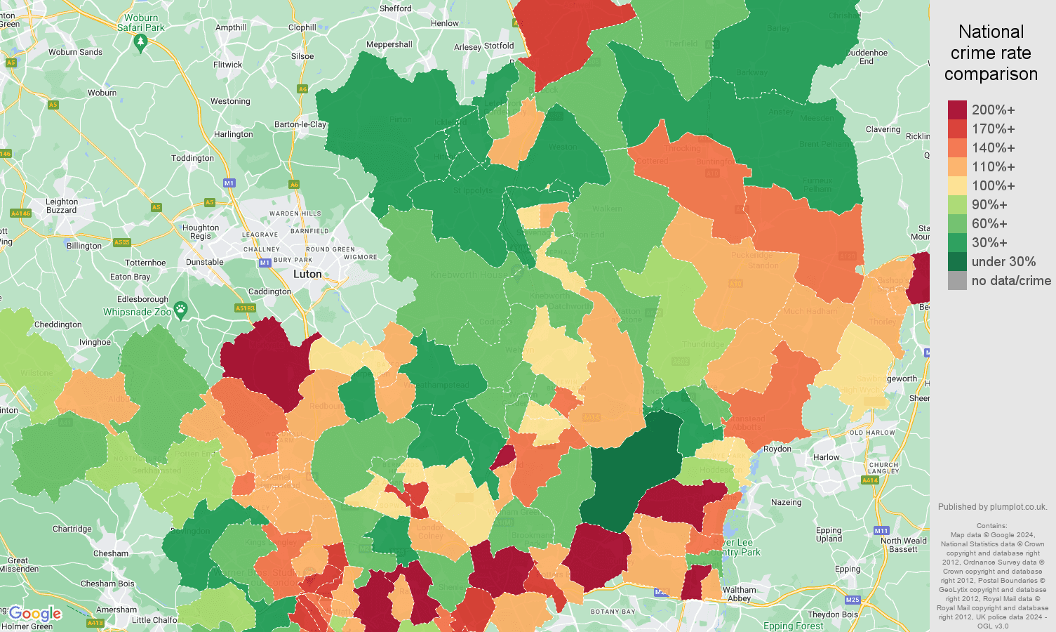 Hertfordshire vehicle crime rate comparison map