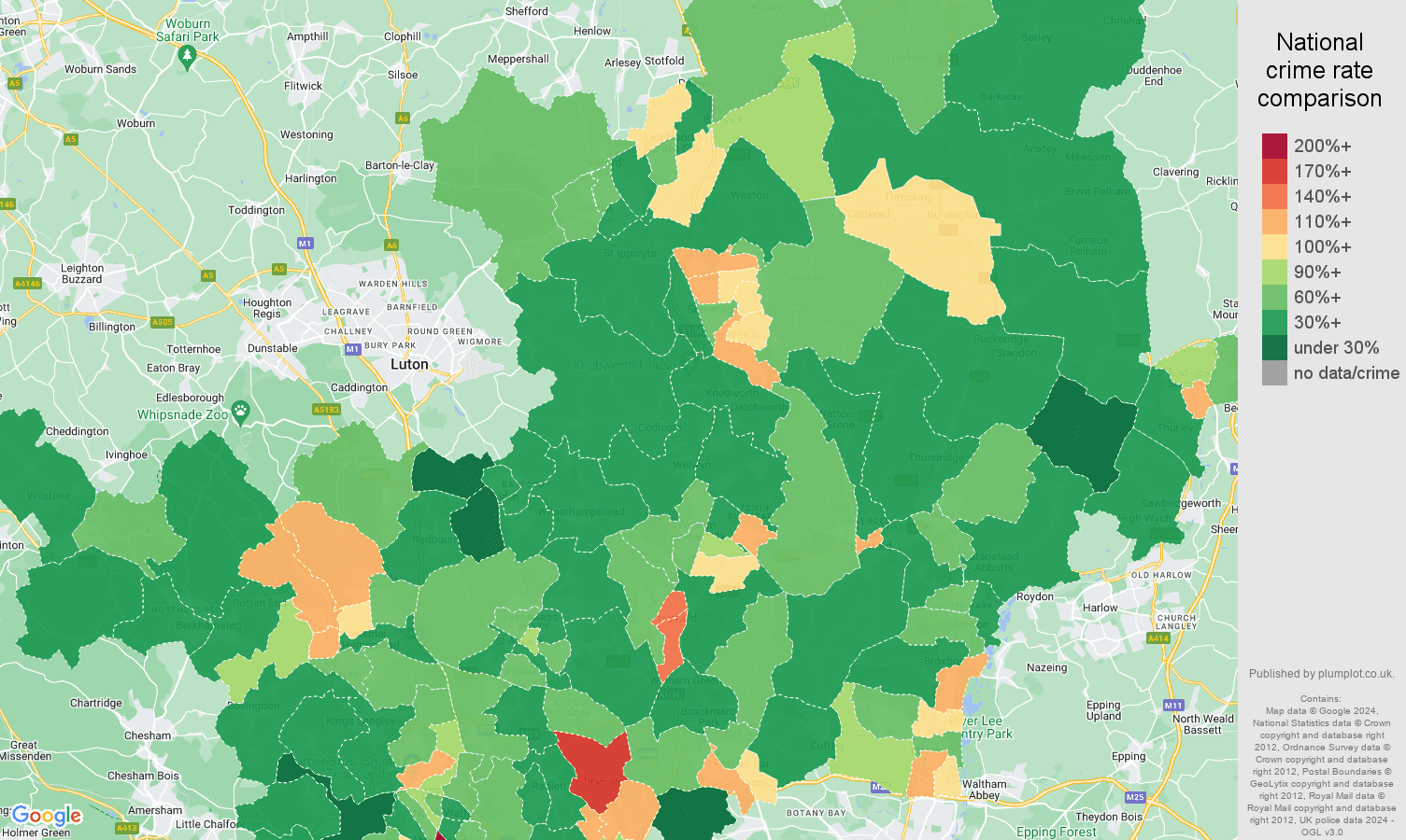 Hertfordshire violent crime rate comparison map