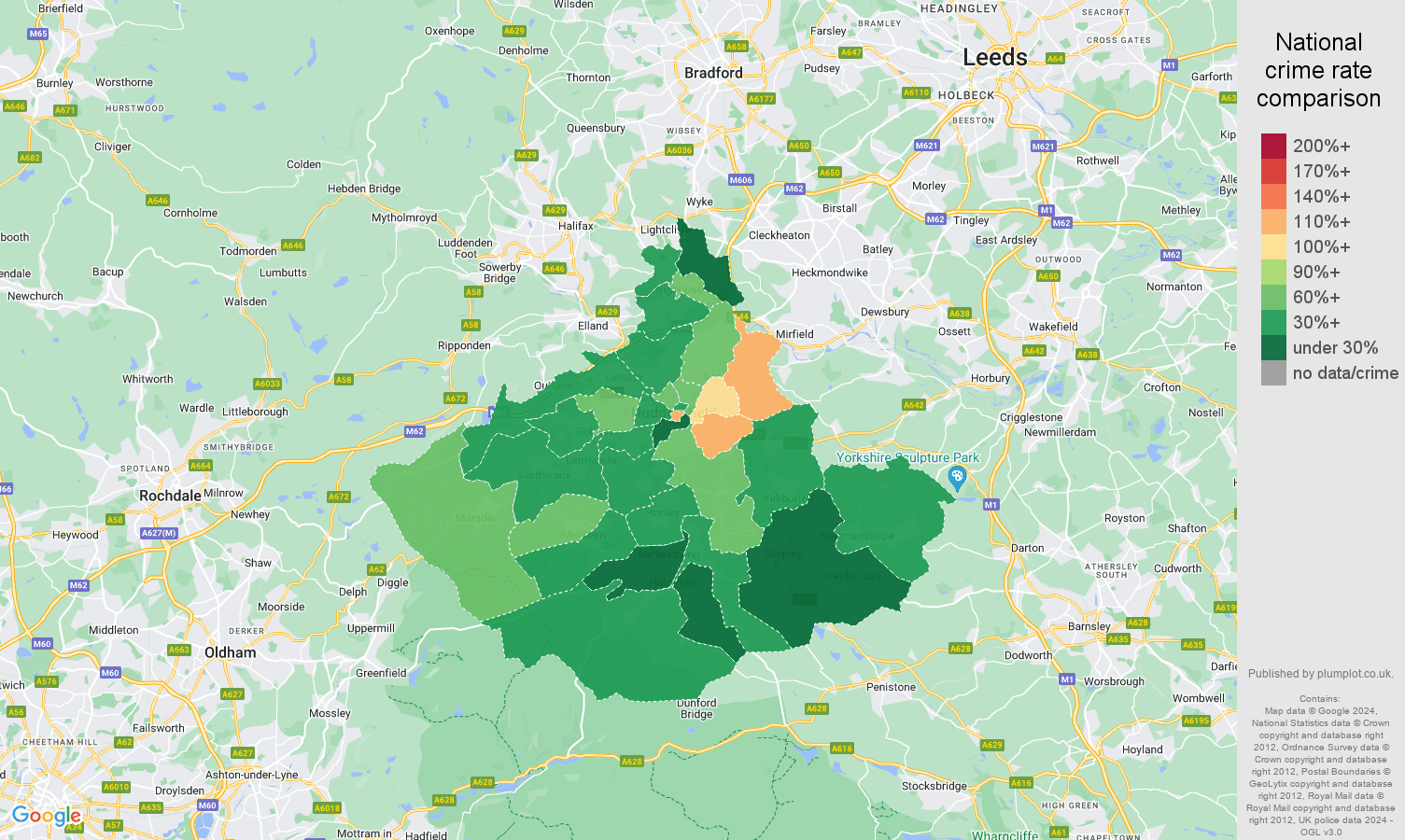 Huddersfield antisocial behaviour crime rate comparison map