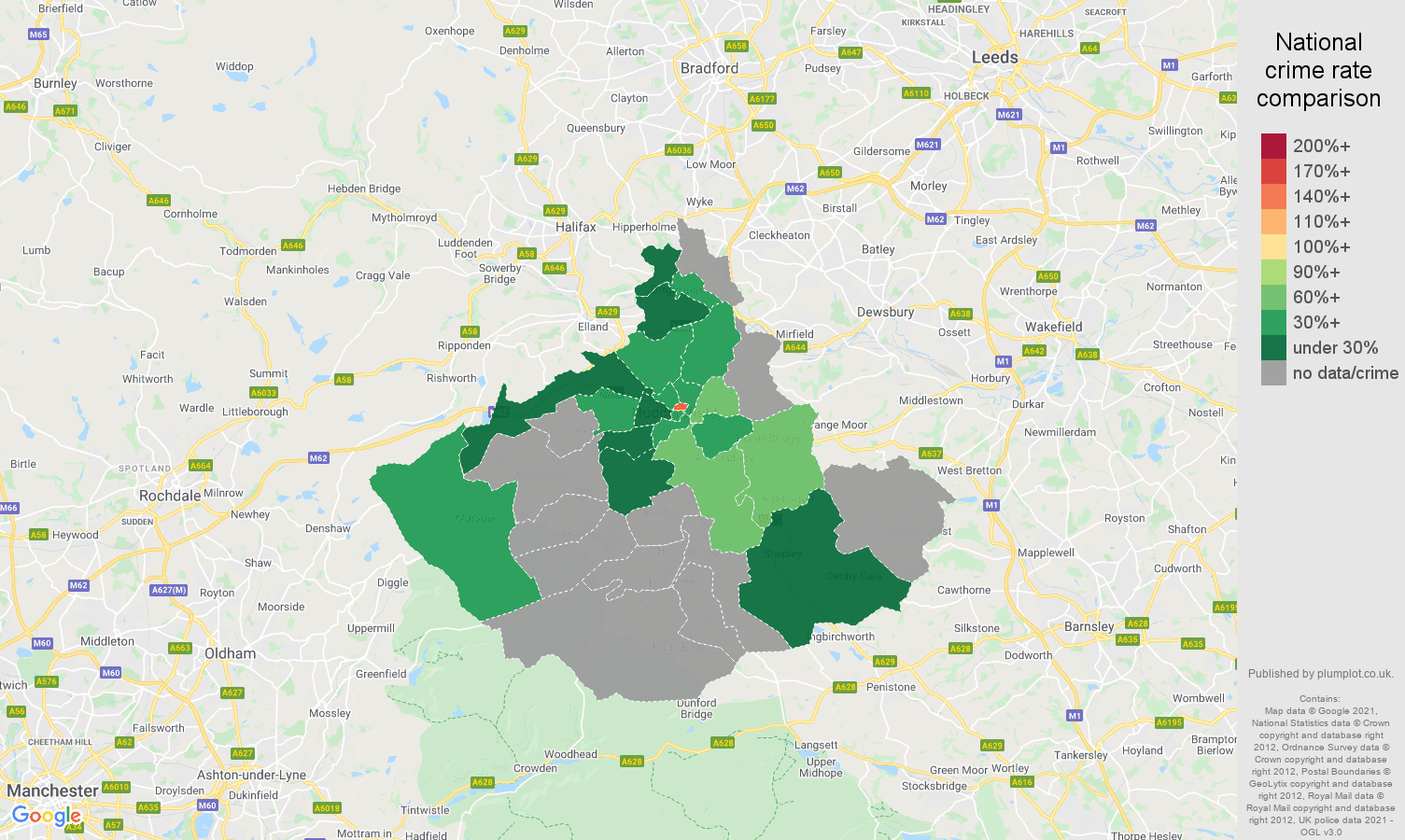 Huddersfield bicycle theft crime rate comparison map
