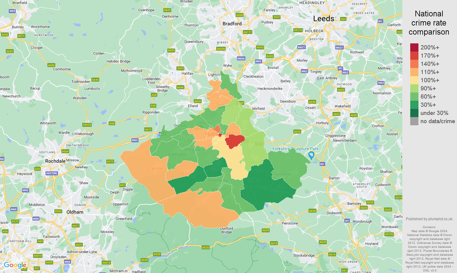 Huddersfield criminal damage and arson crime rate comparison map