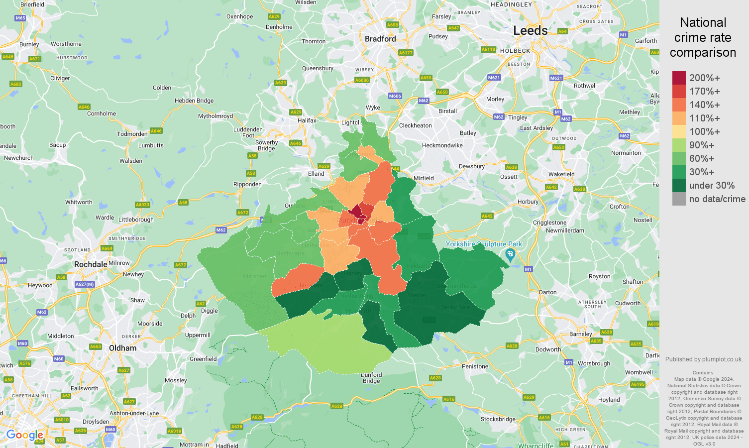 Huddersfield drugs crime rate comparison map