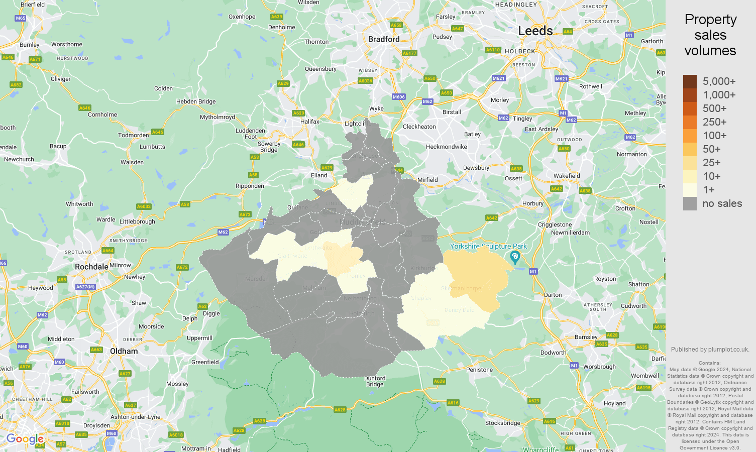 Huddersfield map of sales of new properties