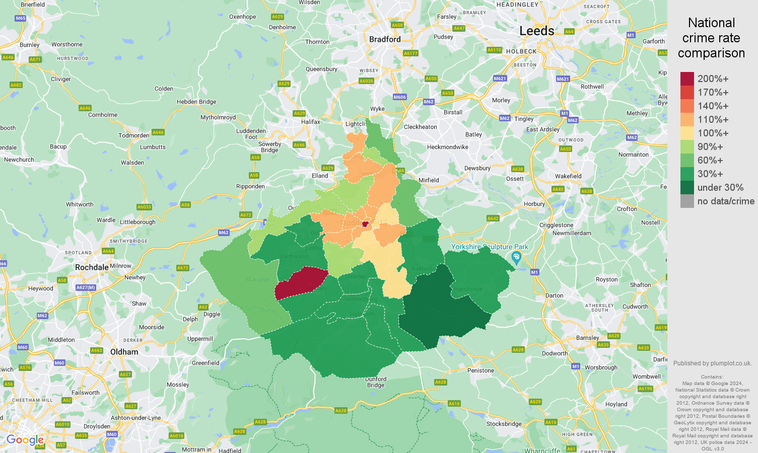 Huddersfield other theft crime rate comparison map