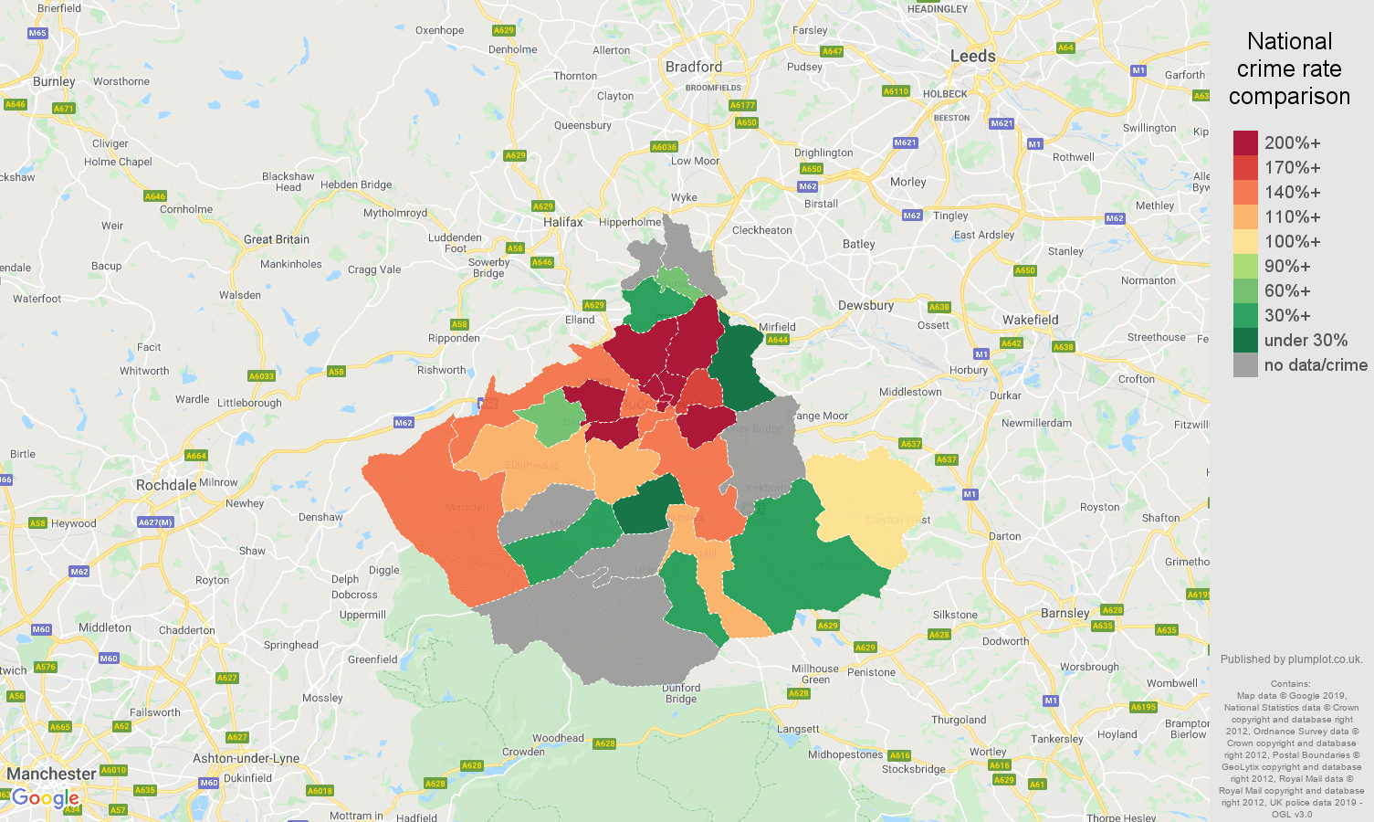 Huddersfield possession of weapons crime rate comparison map