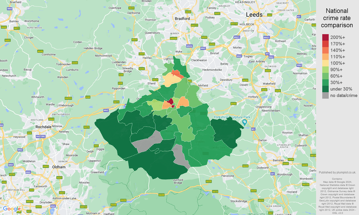 Huddersfield robbery crime rate comparison map