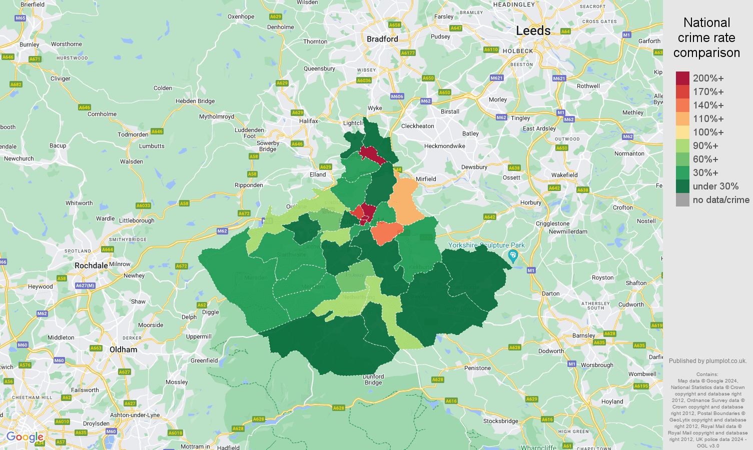 Huddersfield shoplifting crime rate comparison map