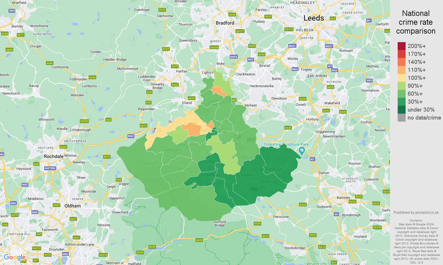Huddersfield vehicle crime rate comparison map