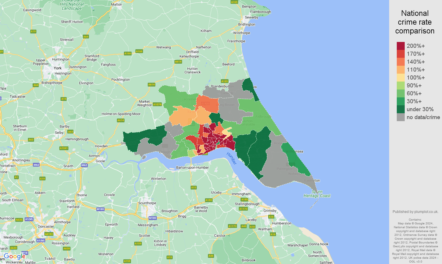 Hull bicycle theft crime rate comparison map