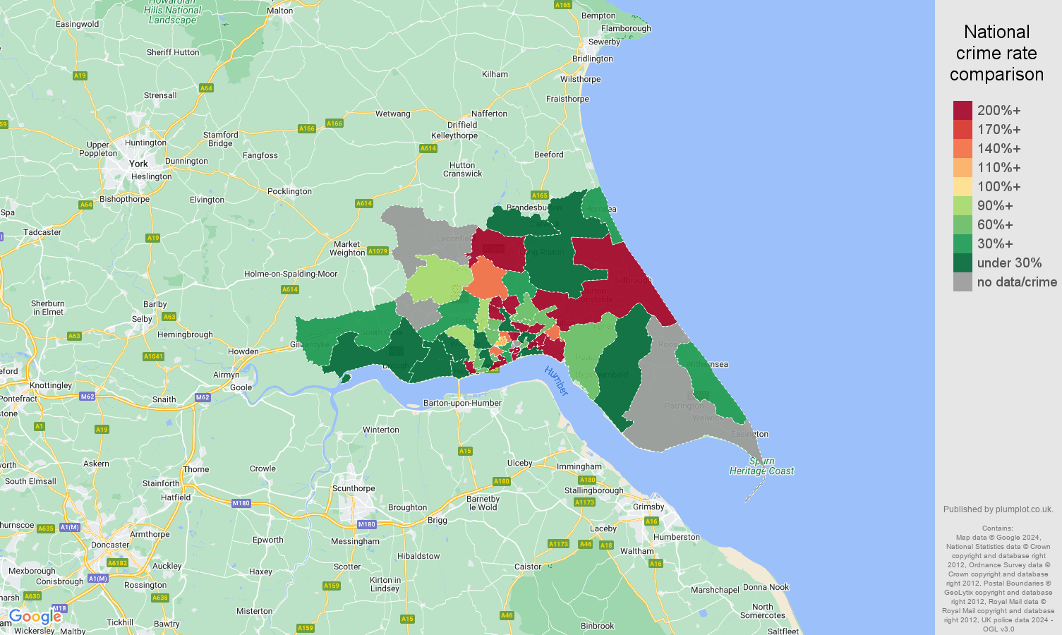 Hull shoplifting crime rate comparison map