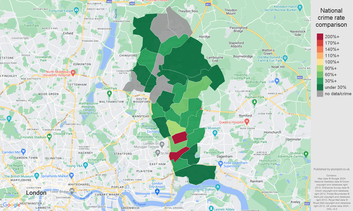 Ilford bicycle theft crime rate comparison map
