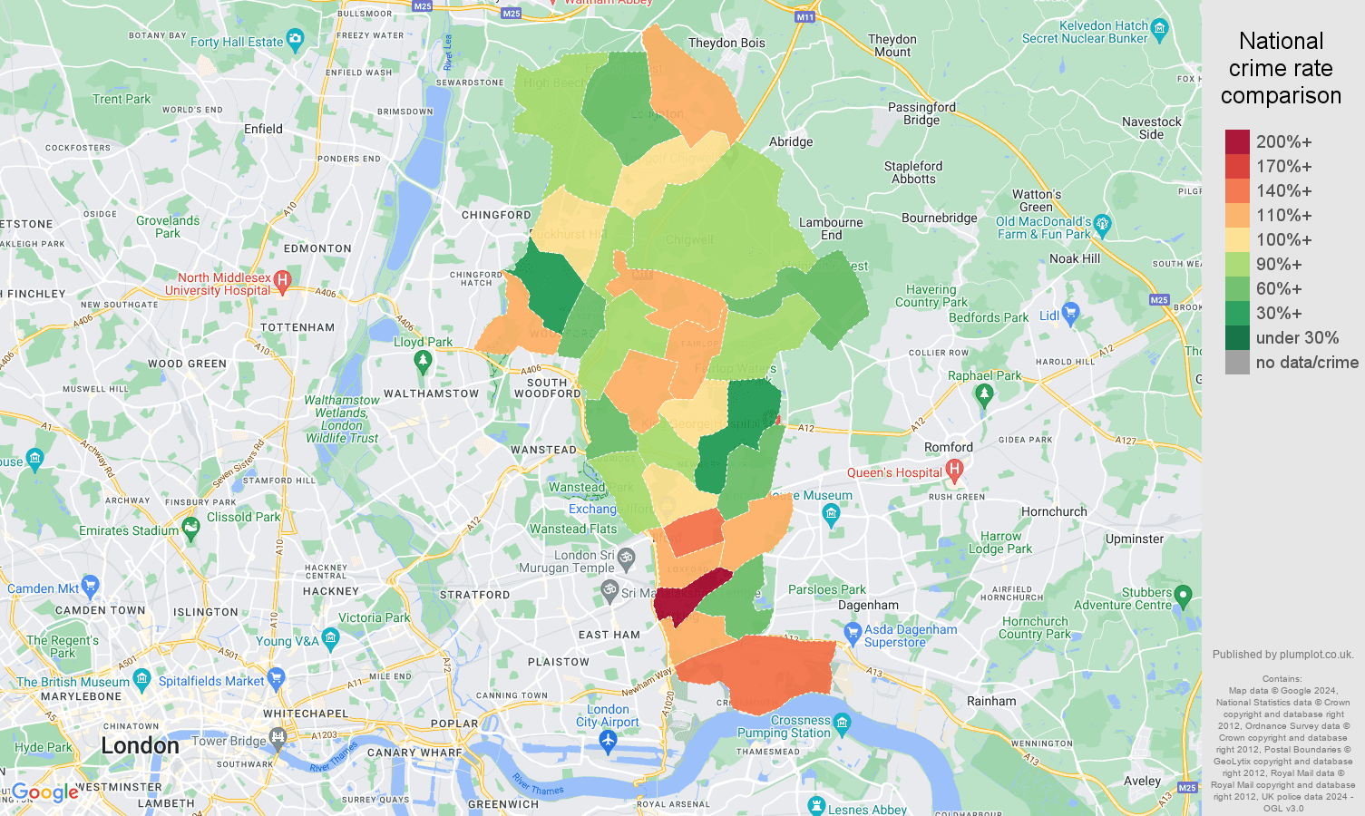 Ilford burglary crime rate comparison map