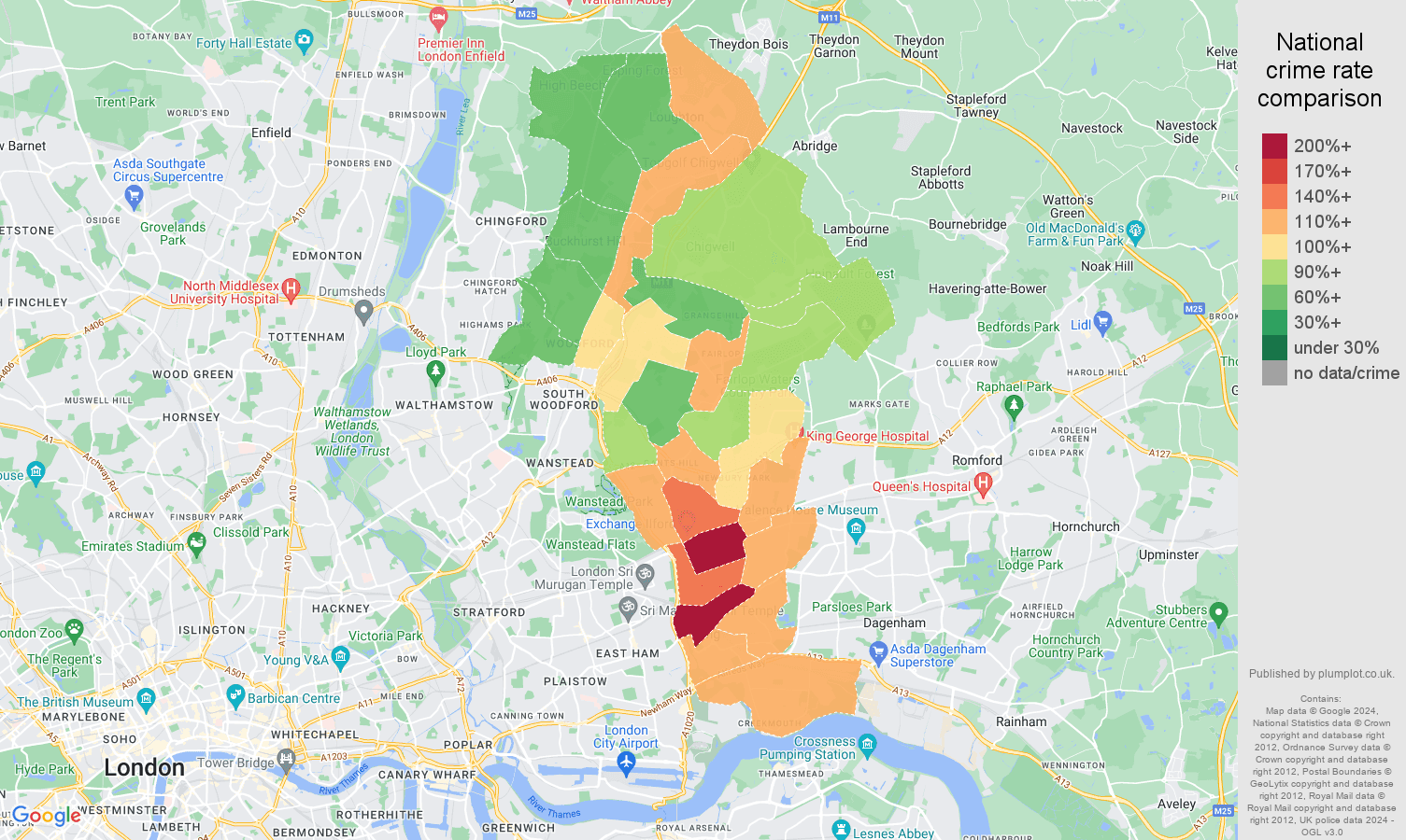 Ilford crime rate comparison map