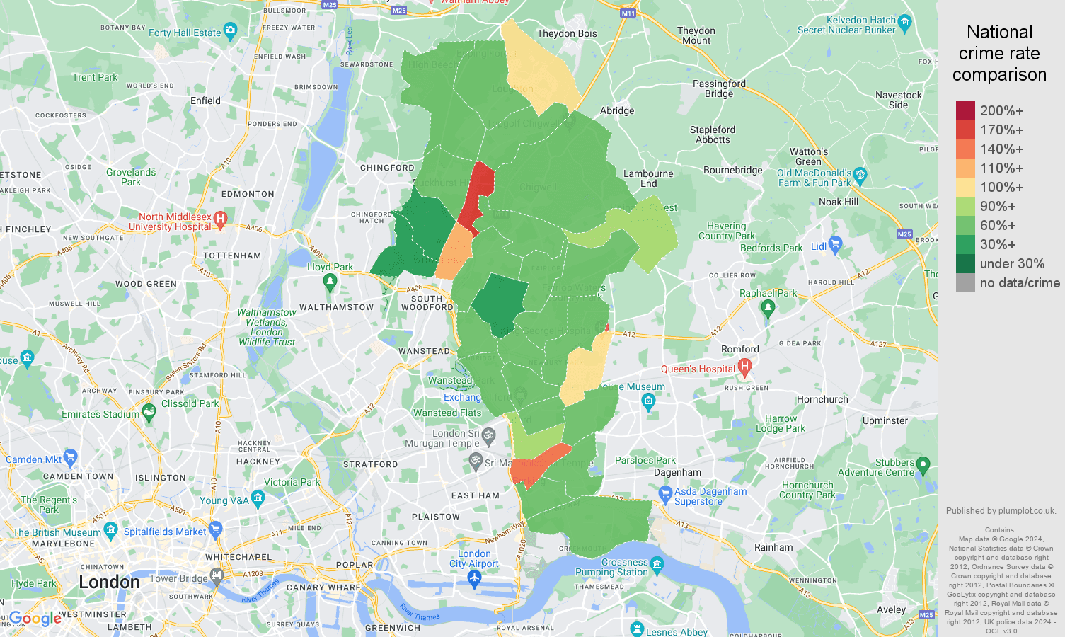 Ilford criminal damage and arson crime rate comparison map