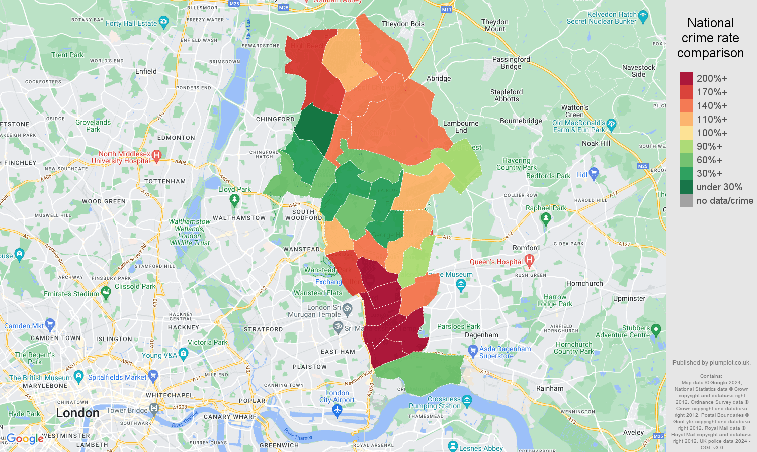 Ilford drugs crime rate comparison map