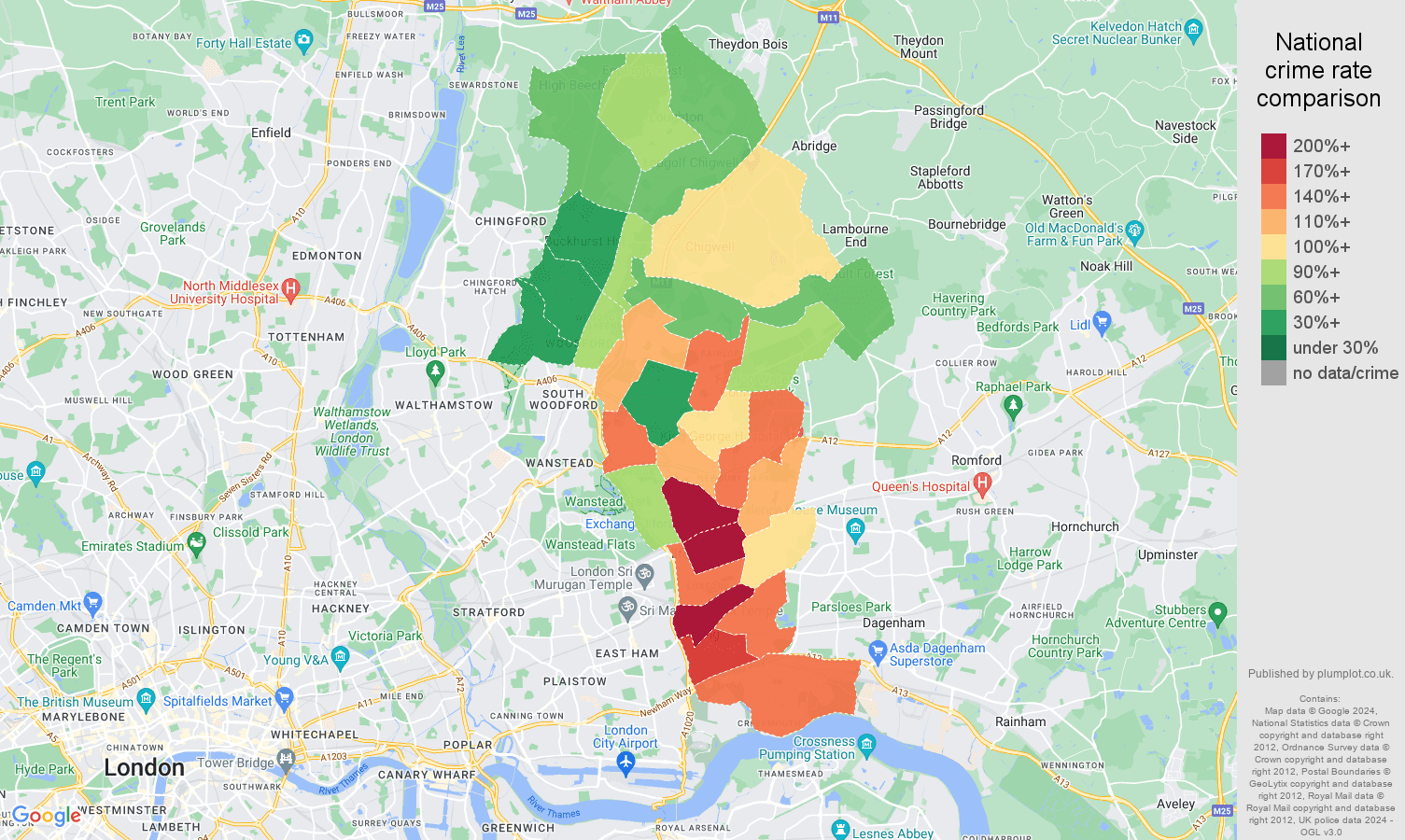 Ilford other theft crime rate comparison map