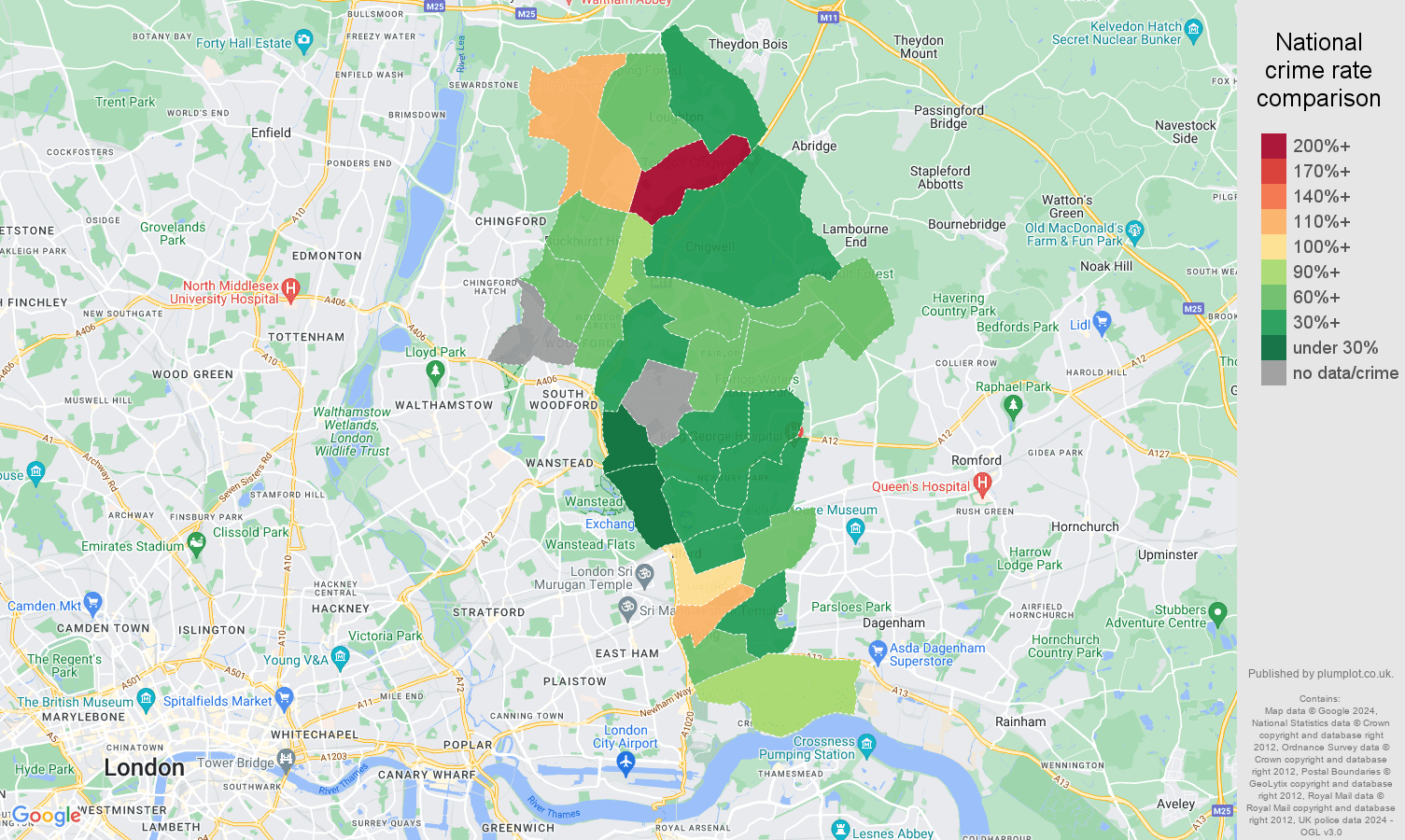 Ilford possession of weapons crime rate comparison map
