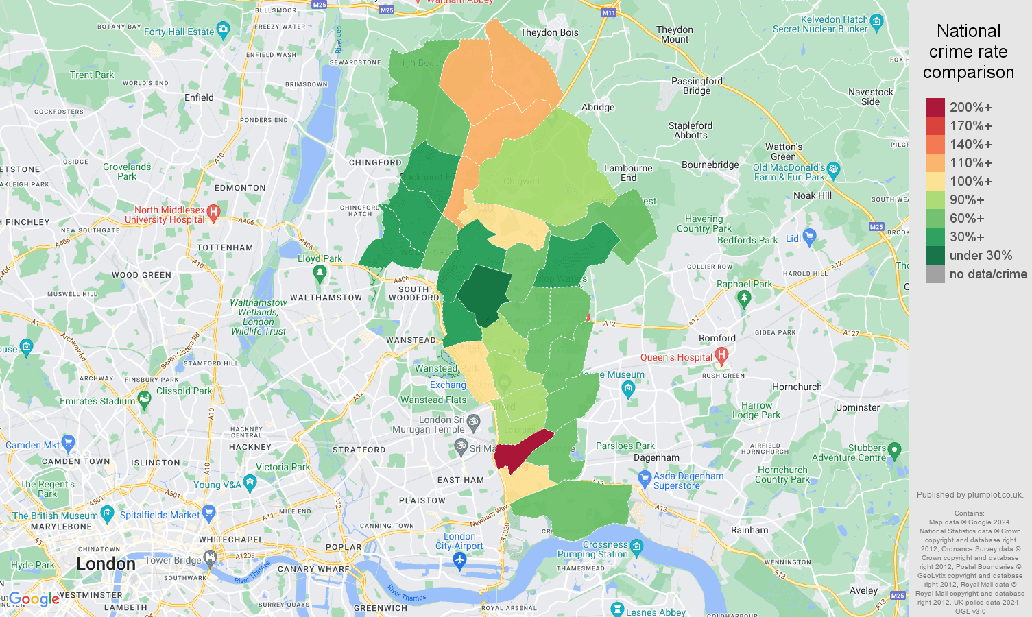 Ilford public order crime rate comparison map
