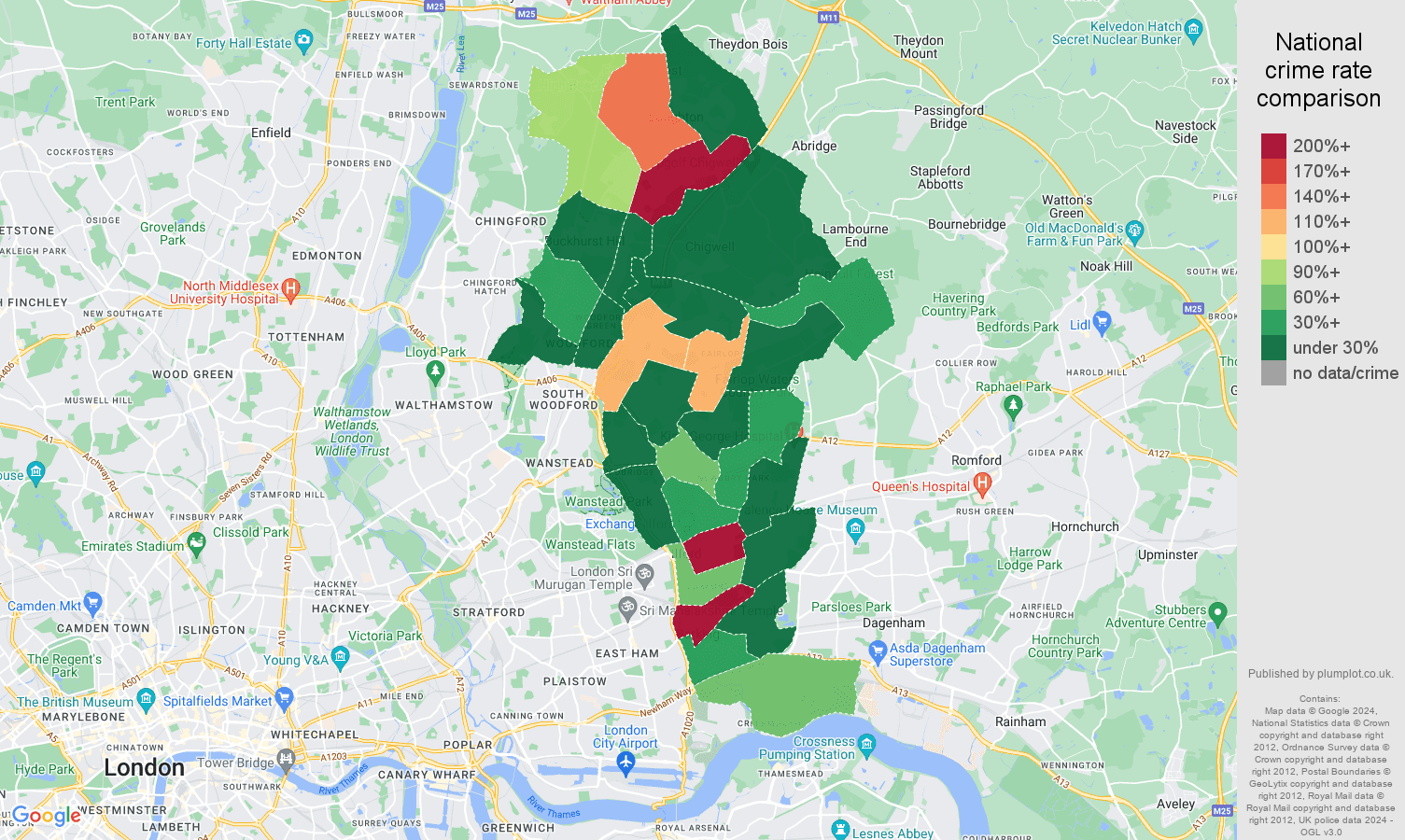 Ilford shoplifting crime rate comparison map