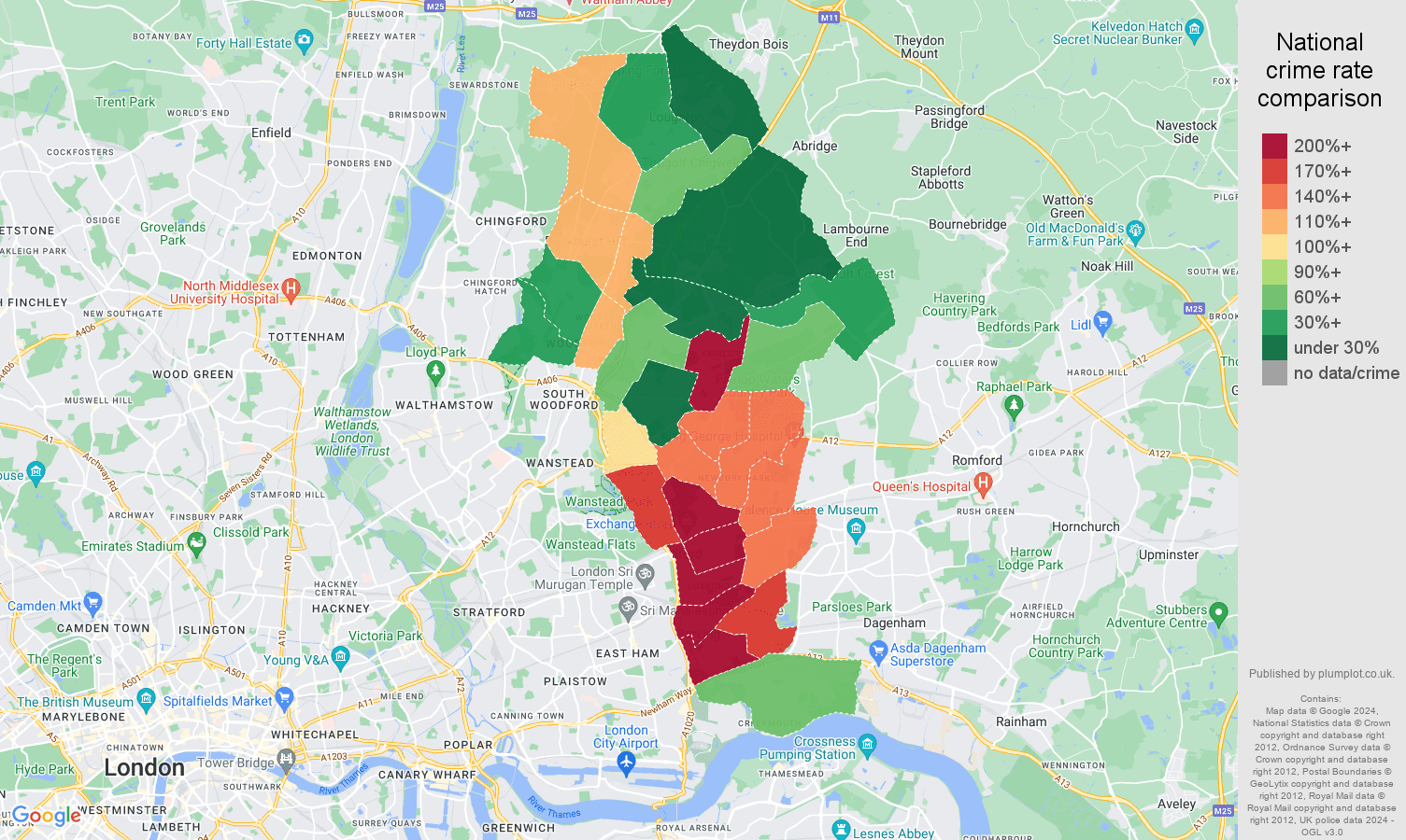 Ilford theft from the person crime rate comparison map