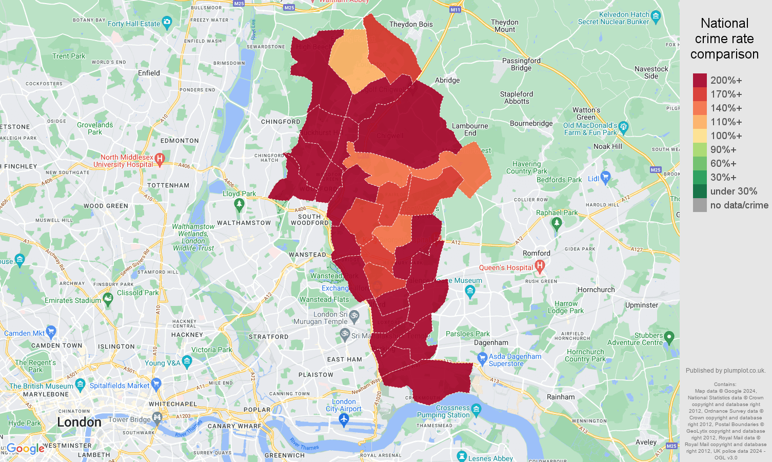 Ilford vehicle crime rate comparison map