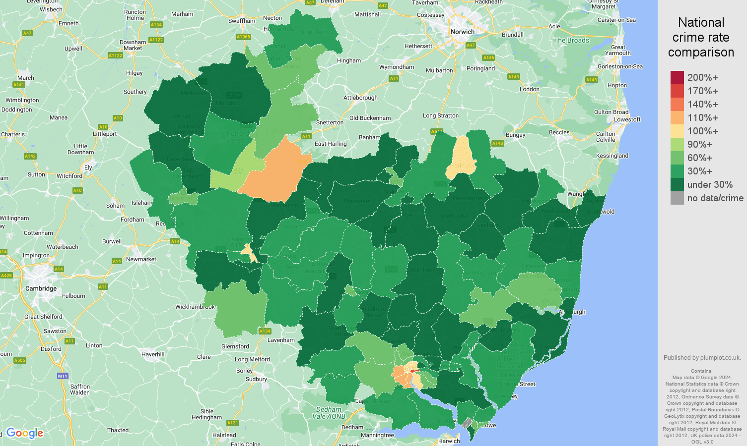 Ipswich antisocial behaviour crime rate comparison map