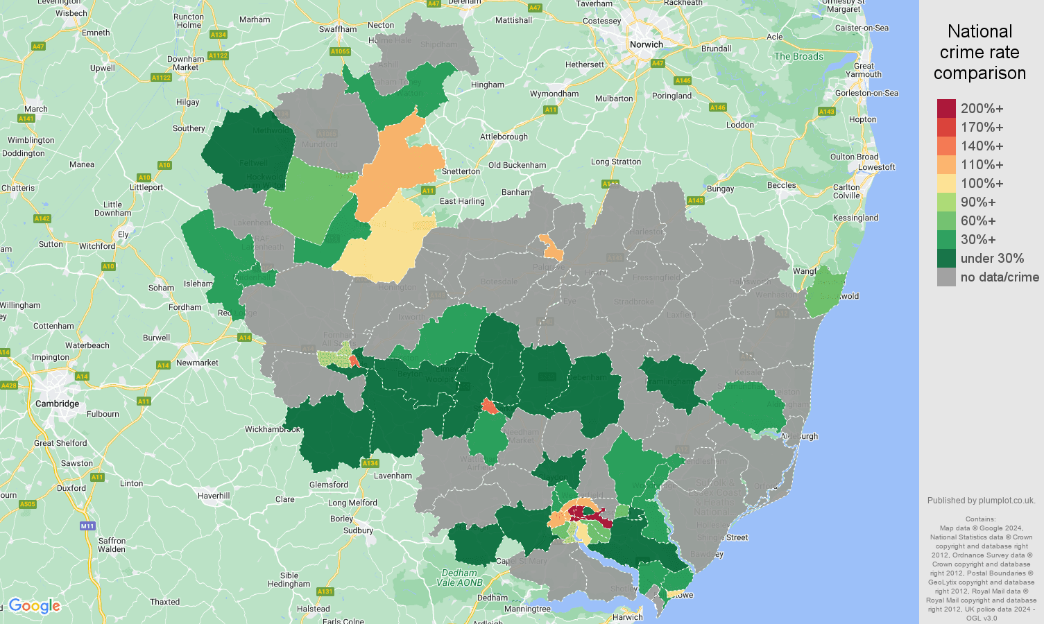 Ipswich bicycle theft crime rate comparison map