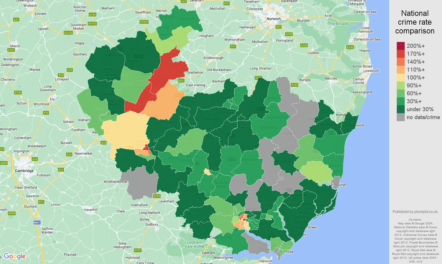 Ipswich drugs crime rate comparison map