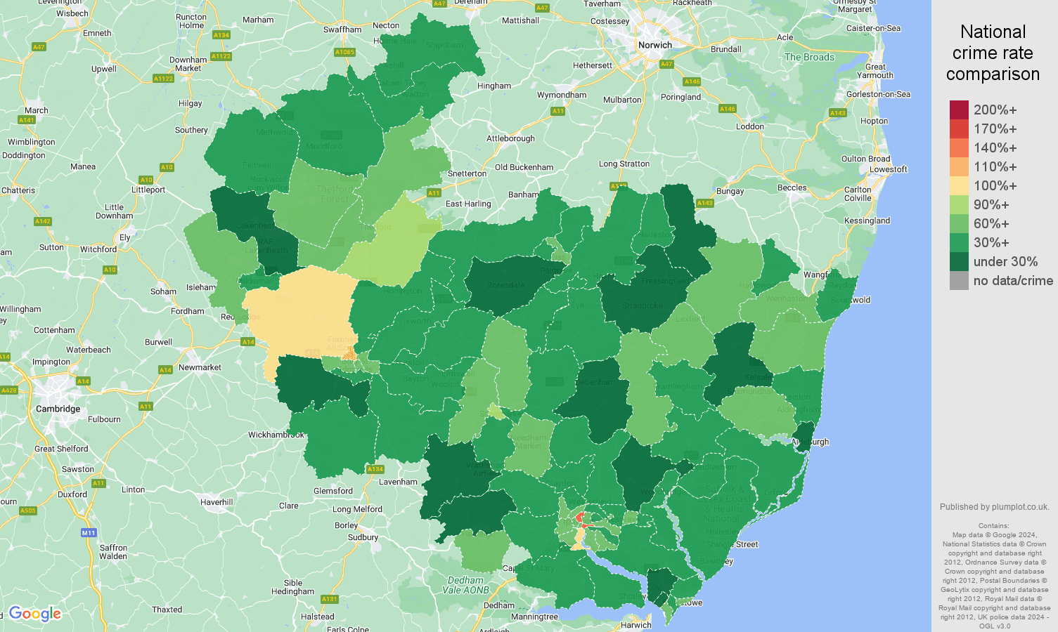 Ipswich other theft crime rate comparison map