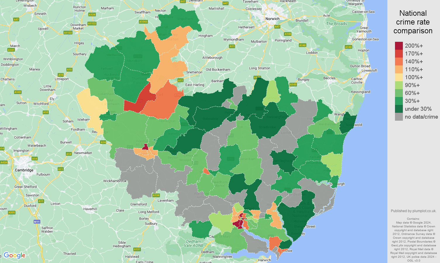 Ipswich possession of weapons crime rate comparison map