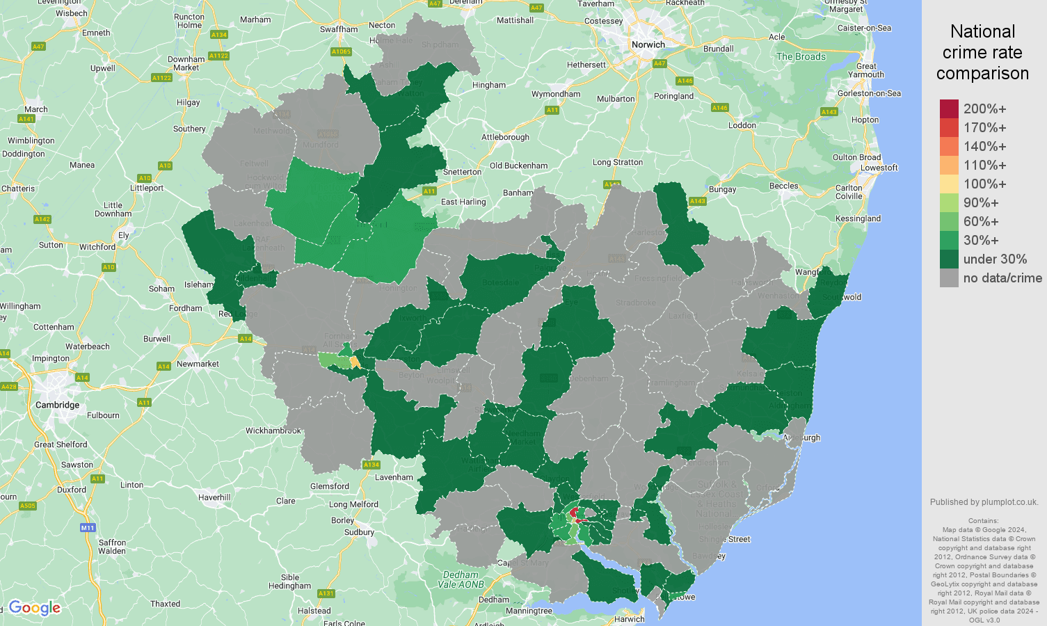 Ipswich theft from the person crime rate comparison map