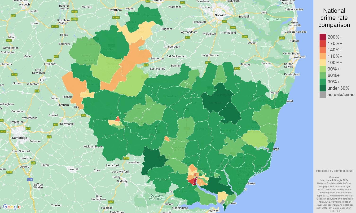 Ipswich violent crime rate comparison map