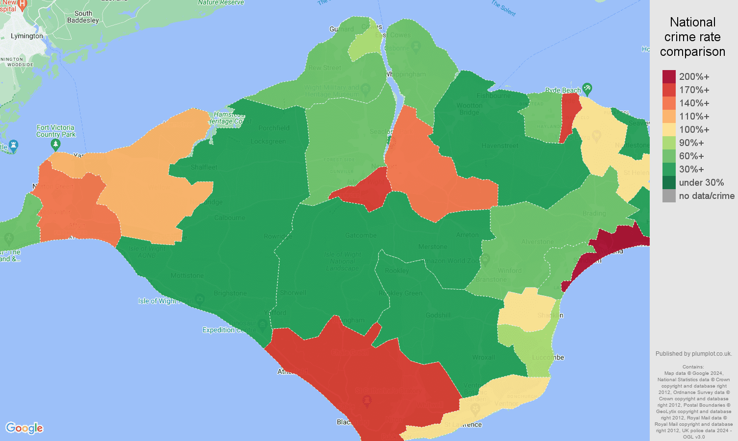 Isle of Wight criminal damage and arson crime rate comparison map