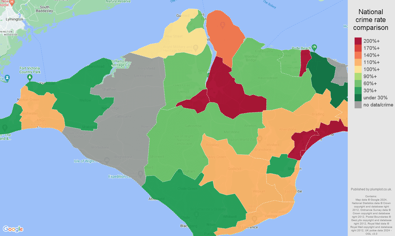 Isle of Wight possession of weapons crime rate comparison map