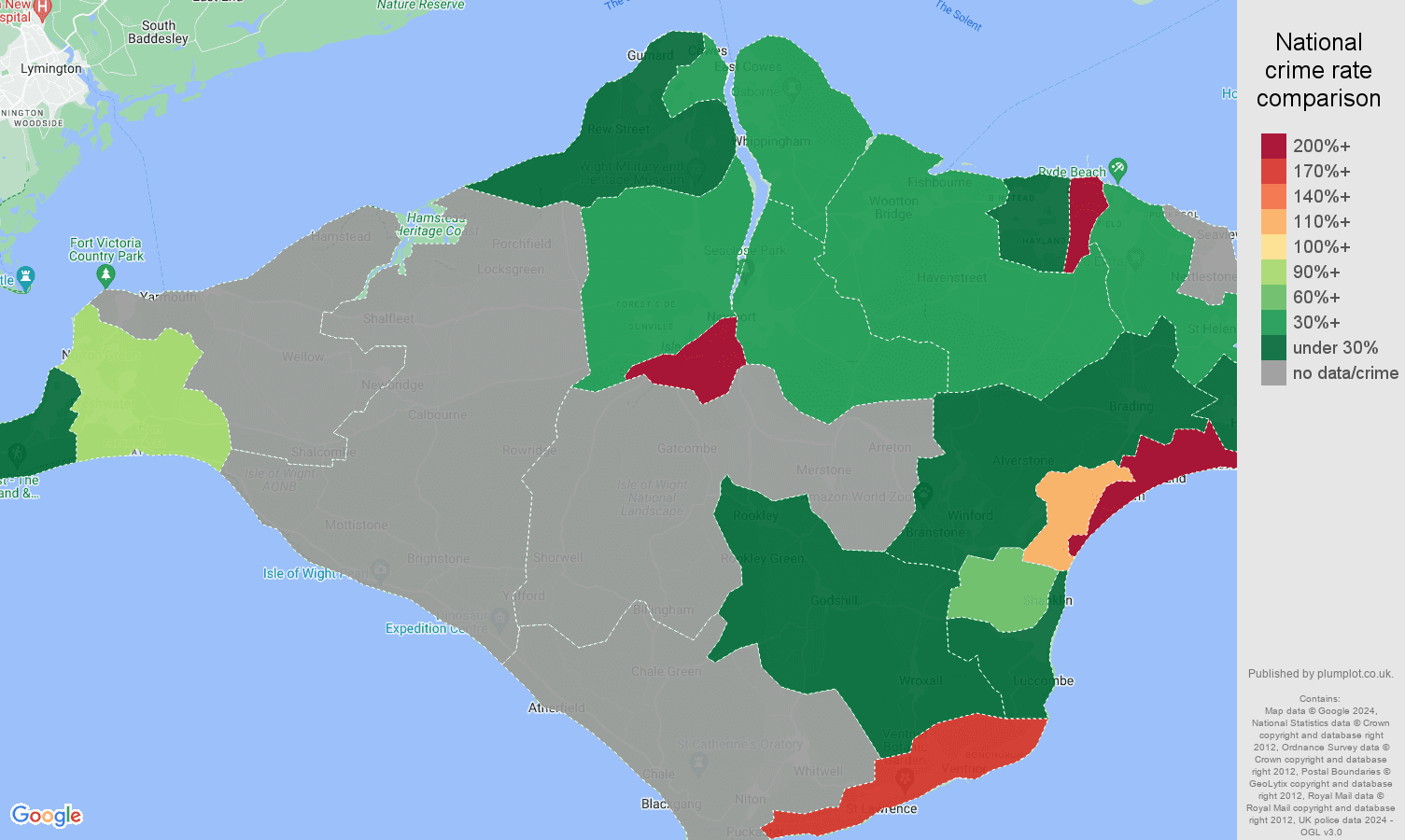 Isle of Wight shoplifting crime rate comparison map