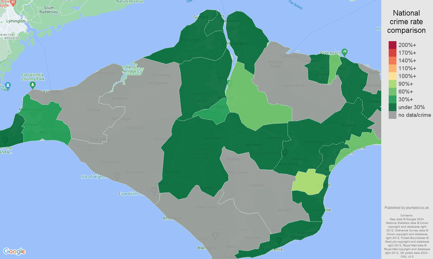 Isle of Wight theft from the person crime rate comparison map