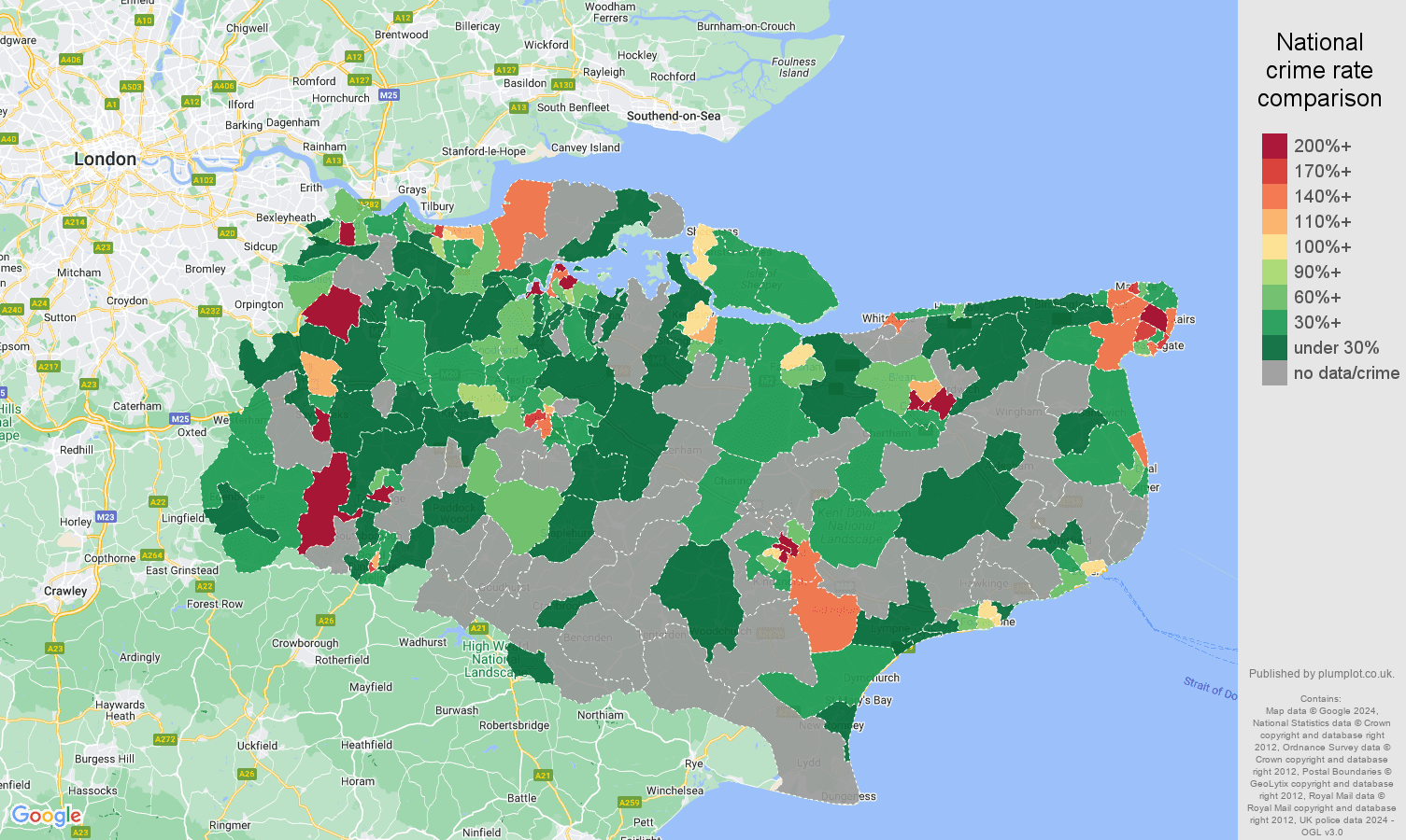 Kent bicycle theft crime rate comparison map