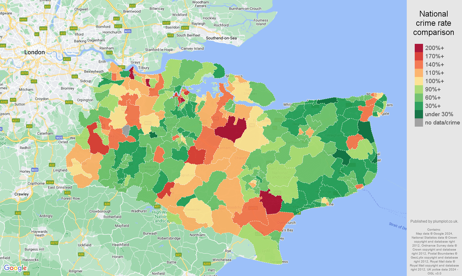 Kent burglary crime rate comparison map