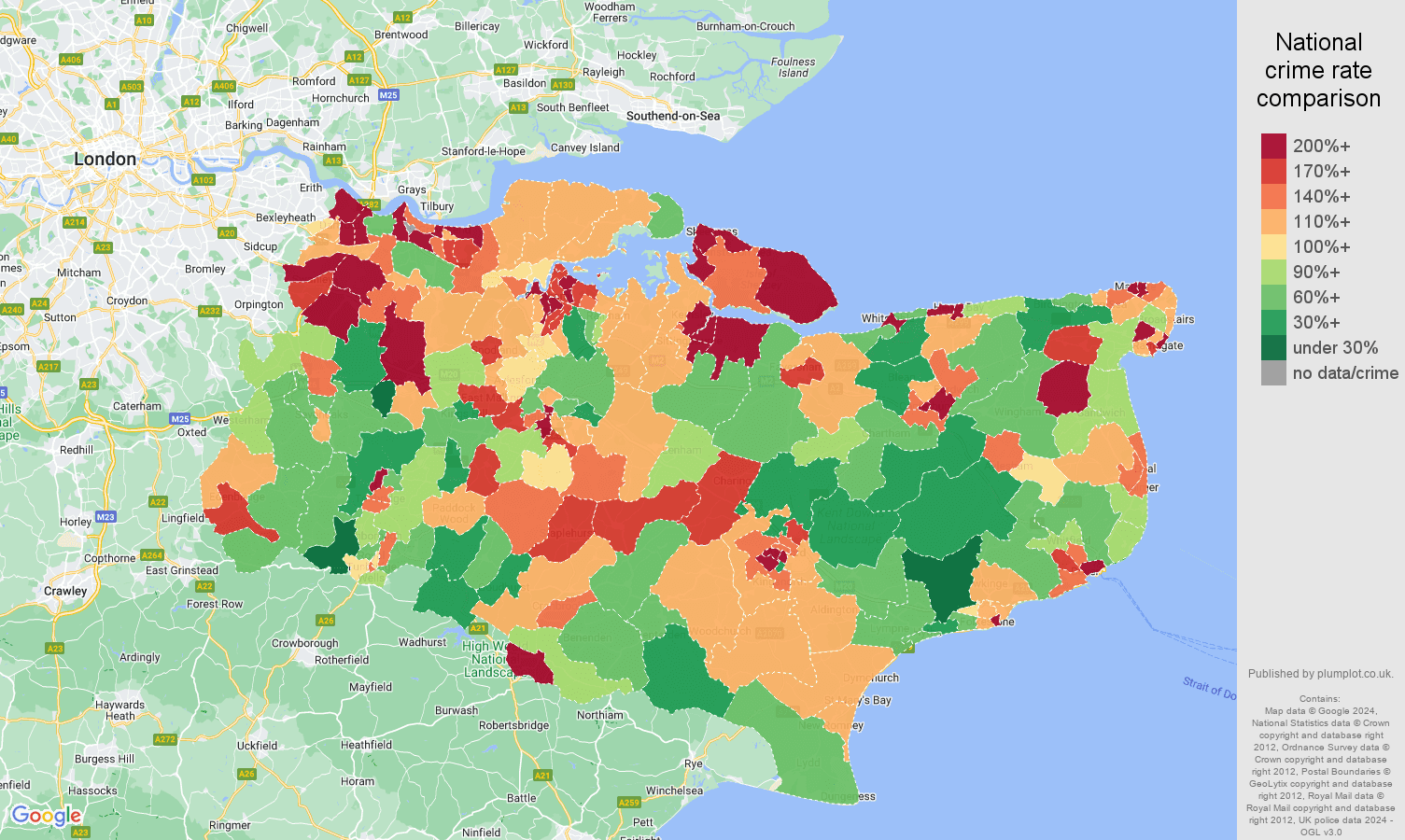Kent criminal damage and arson crime rate comparison map