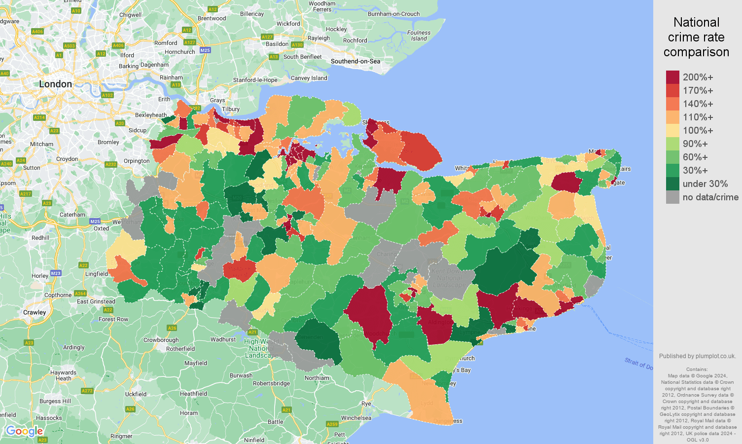 Kent possession of weapons crime rate comparison map