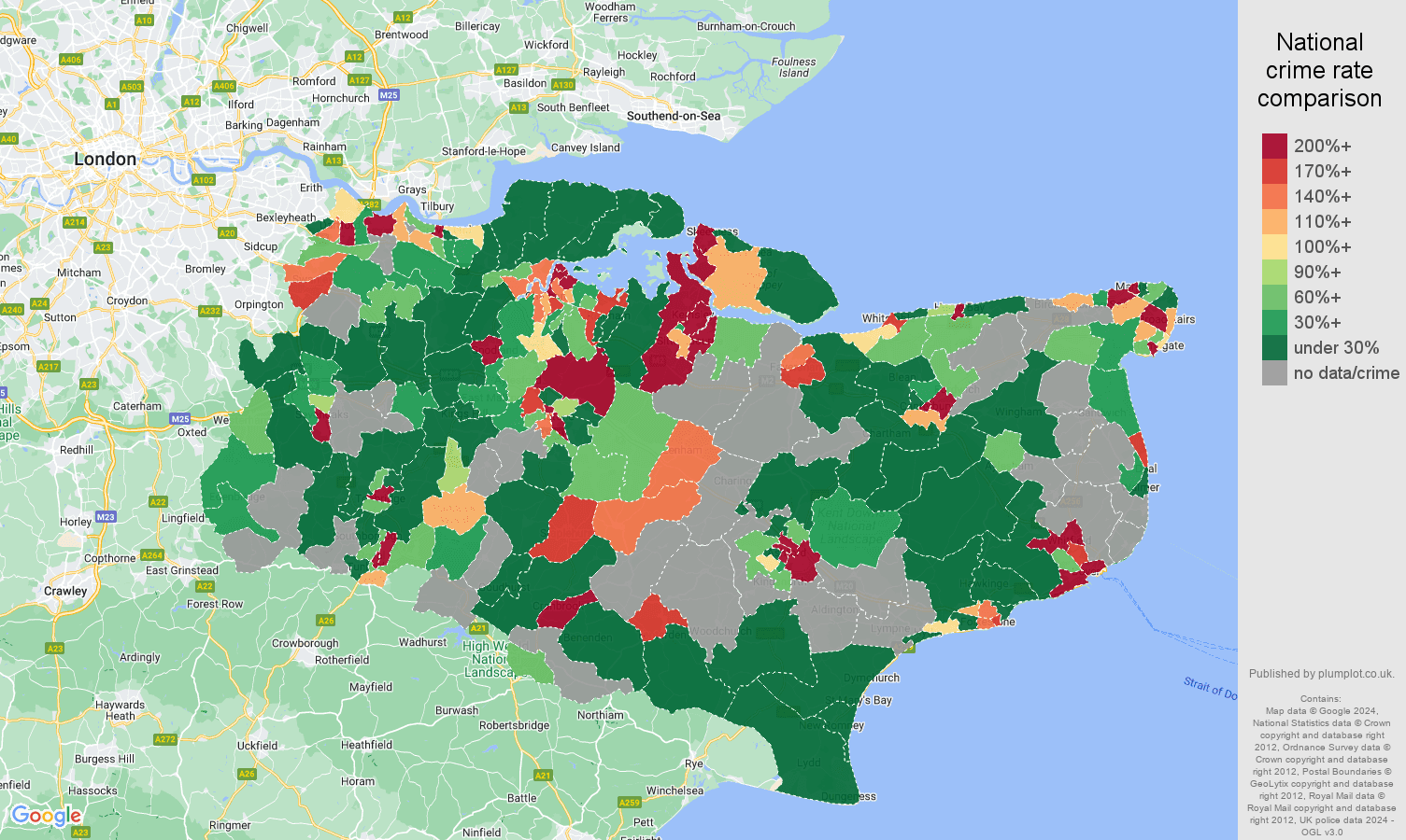 Kent shoplifting crime rate comparison map