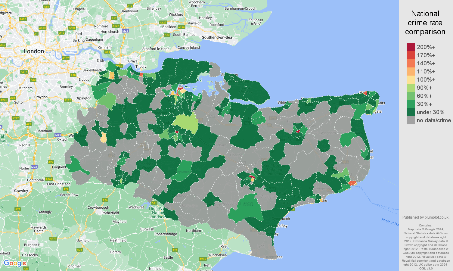 Kent theft from the person crime rate comparison map