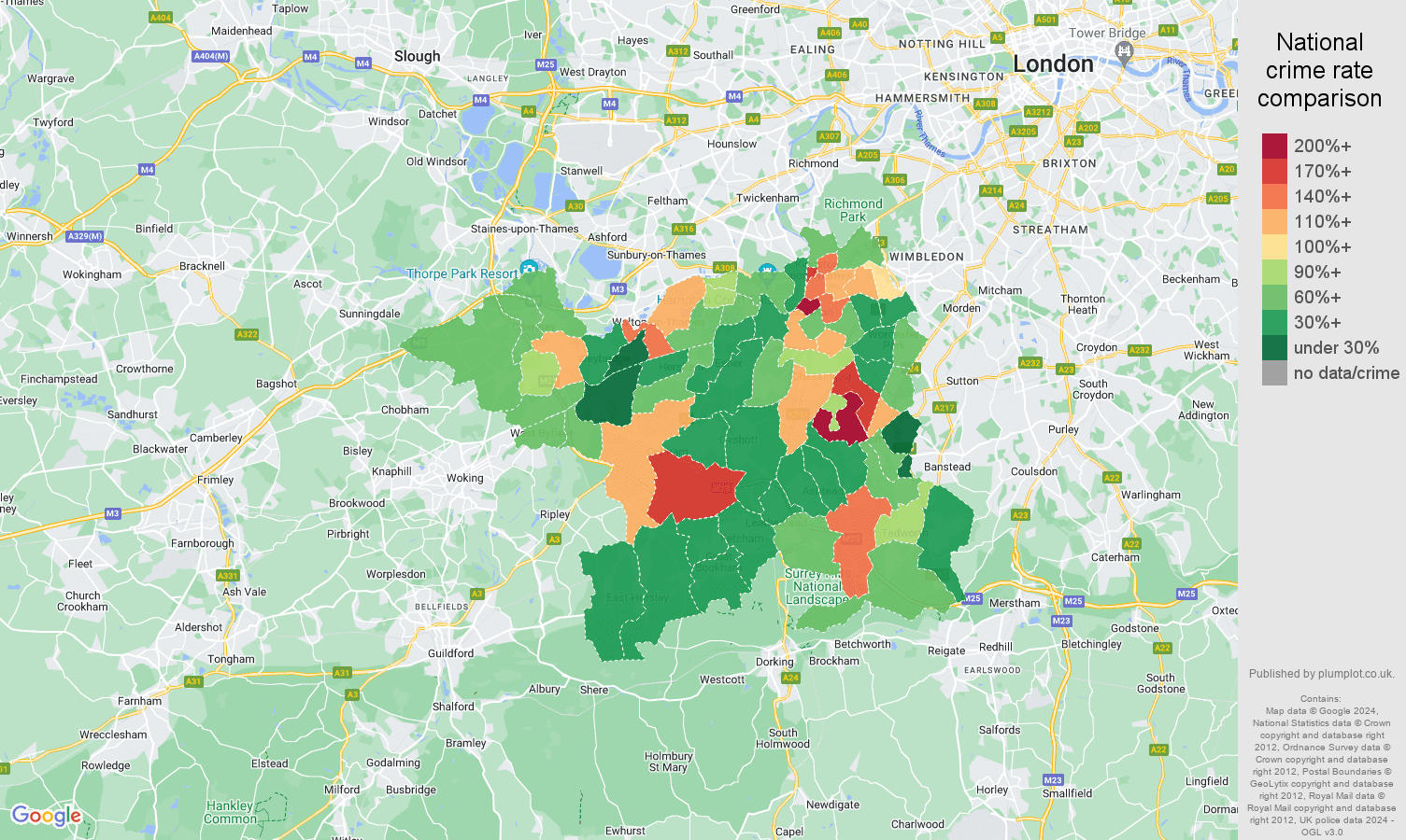 Kingston upon Thames antisocial behaviour crime rate comparison map