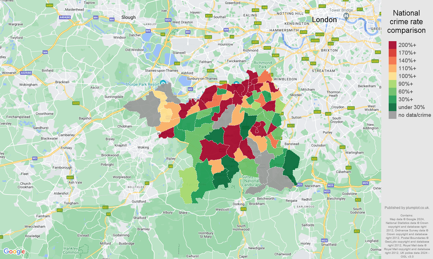 Kingston upon Thames bicycle theft crime rate comparison map