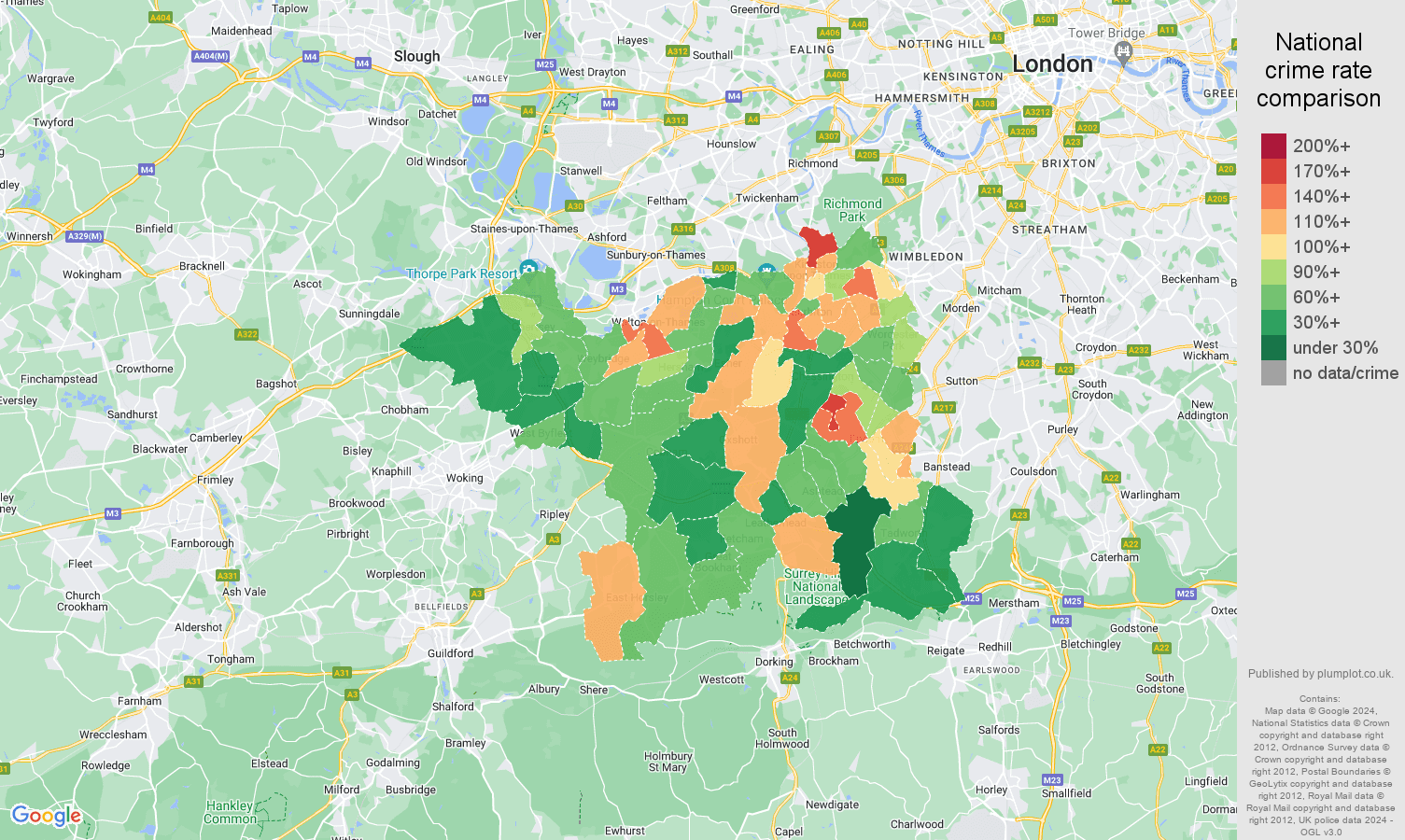 Kingston upon Thames burglary crime rate comparison map