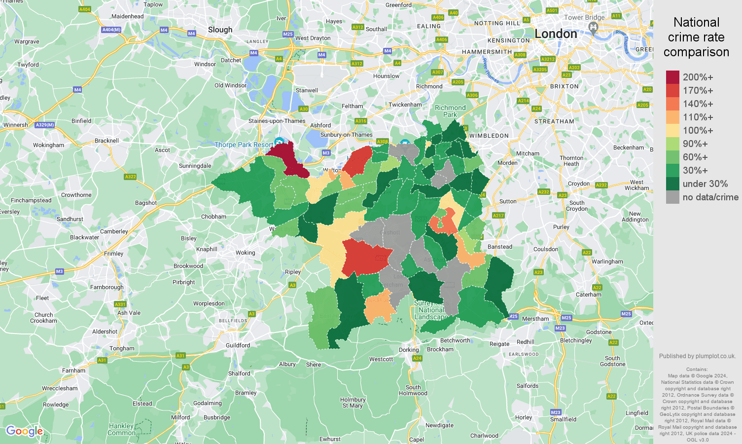 Kingston upon Thames possession of weapons crime rate comparison map